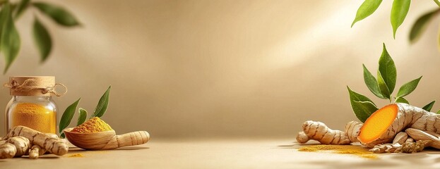 Turmeric and ginger with green leaves on textured background.