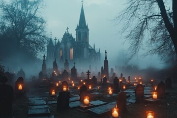 Obraz premium Mysterious Cemetery with Lanterns at Dusk