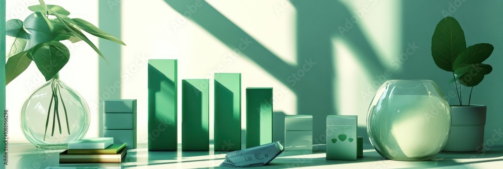 Poster a serene arrangement of green objects and plants in a bright, minimalist setting.