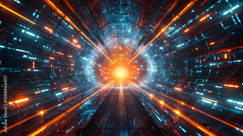 Aufkleber digital tunnel: a 3d abstract background of vibrant orange and blue data streams converging towards 