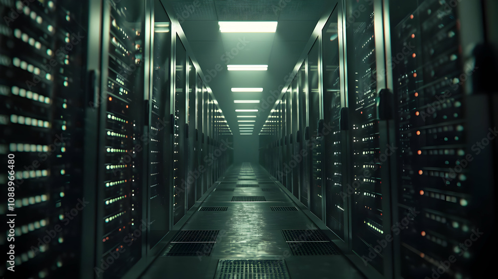 Aufkleber 3d render of a dark server room corridor with rows of servers and dim lighting