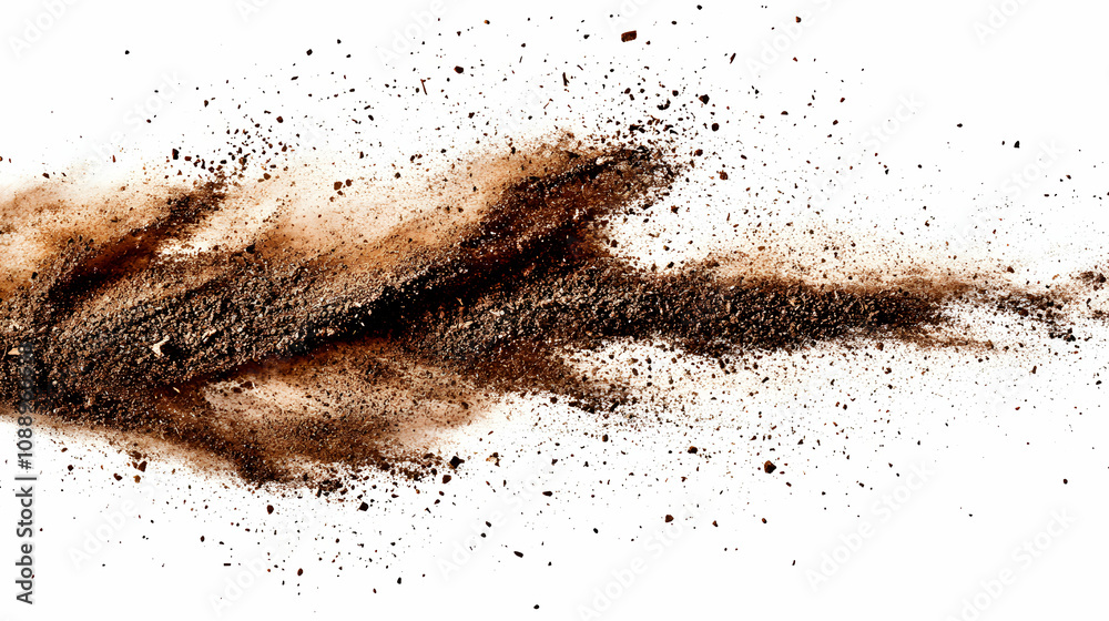 Poster brown powder exploding and scattering on a white background, creating a dramatic and textured image