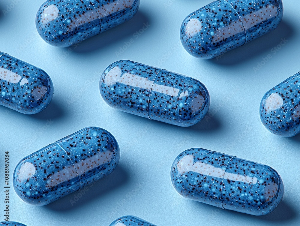 Poster collection of blue medical tablets meticulously arranged in a symmetrical pattern on soft background