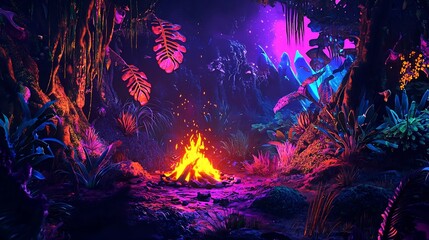 Fototapeta premium Mesmerizing Alien Campfire in a Vibrant Neon Forest with Otherworldly Plants and Creatures