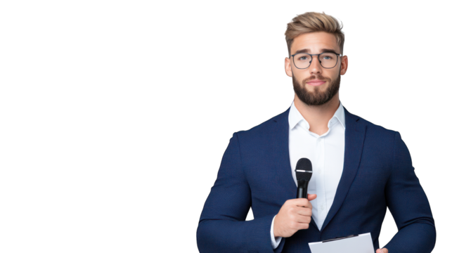 A man in a suit holding a microphone, ready to present. Transparent background.