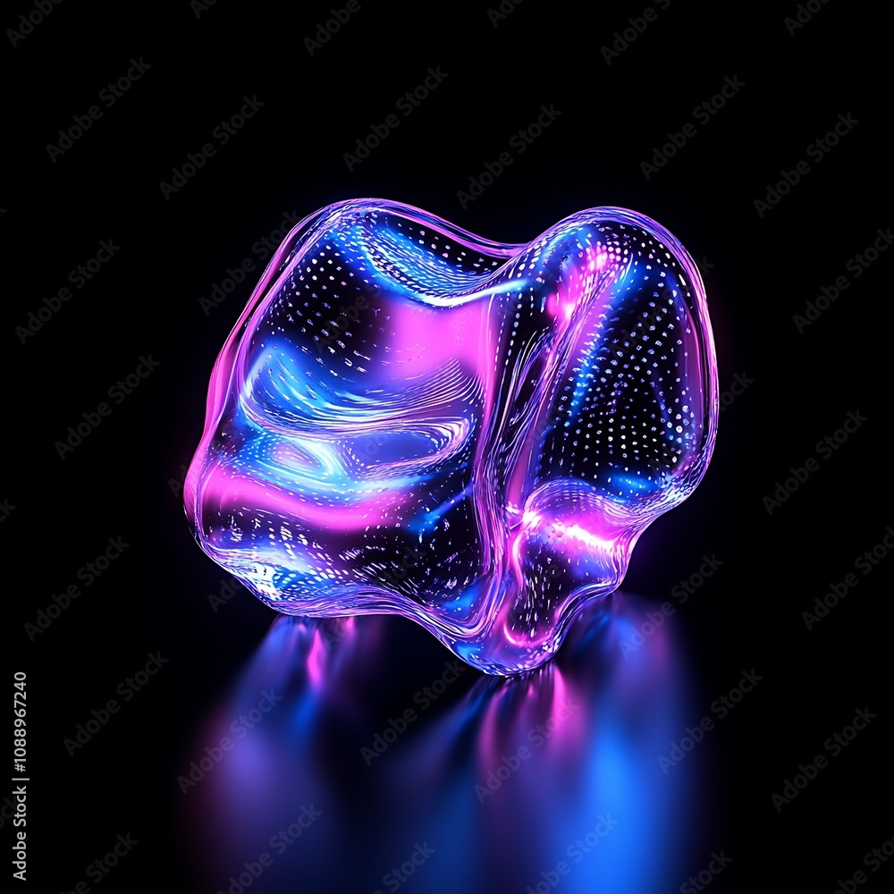 Poster abstract colorful glass blob with glowing patterns and reflections on a dark background, showcasing 