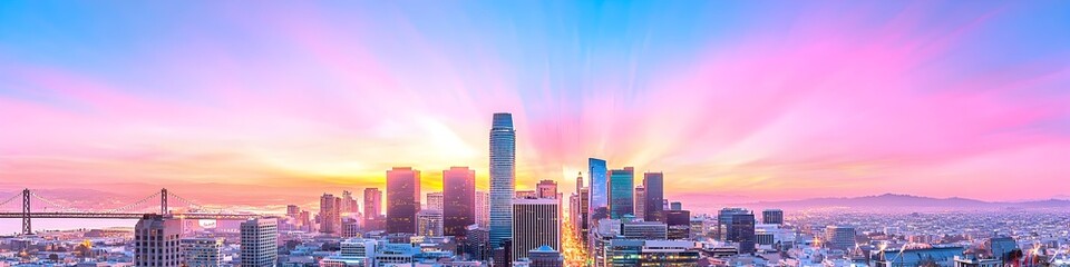 A vibrant cityscape of California at dusk, showcasing the iconic landmark with high-rise buildings . The sky is painted with hues of blue and purple as the sun sets behind them, casting long shadows