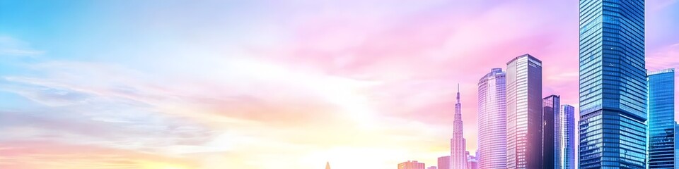 A vibrant cityscape of California at dusk, showcasing the iconic landmark with high-rise buildings . The sky is painted with hues of blue and purple as the sun sets behind them, casting long shadows