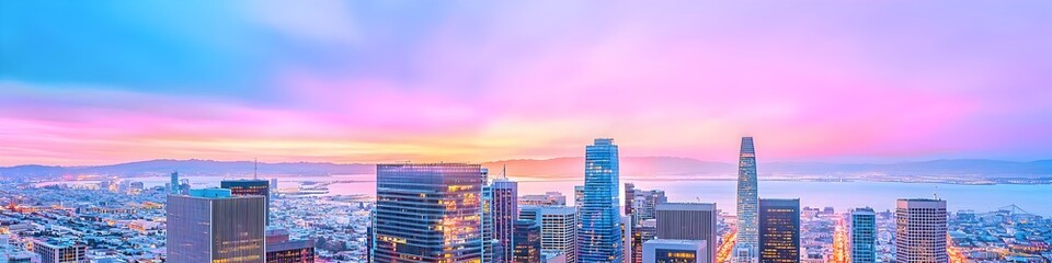 Obraz premium A vibrant cityscape of California at dusk, showcasing the iconic landmark with high-rise buildings . The sky is painted with hues of blue and purple as the sun sets behind them, casting long shadows