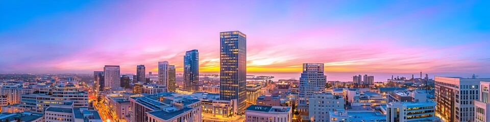 Obraz premium A vibrant cityscape of California at dusk, showcasing the iconic landmark with high-rise buildings . The sky is painted with hues of blue and purple as the sun sets behind them, casting long shadows
