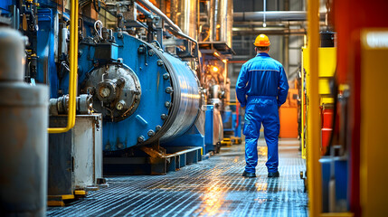 A worker in a blue jumpsuit stands in a industrial facility, looking at the large, blue, cylindrical machinery, an example of heavy industry and manufacturing.