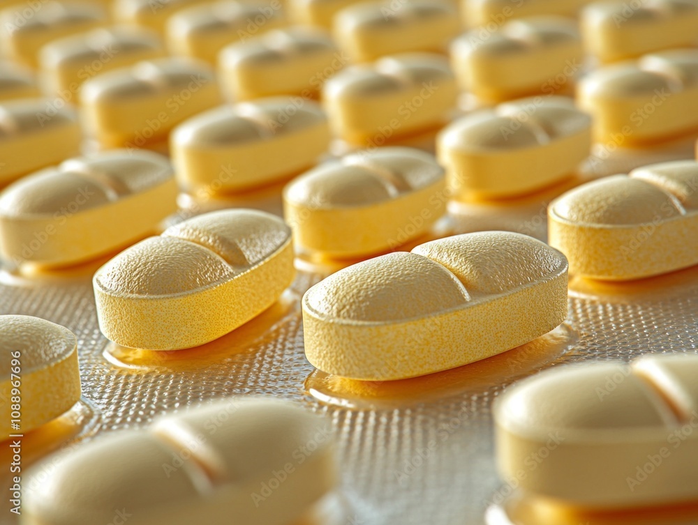 Poster composition focuses on a series of yellow medical tablets arranged symmetrically on a subtle texture