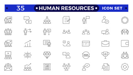 Set of outline icons related to HR, Human Resources, Recruitment, Employment, business, office, company, and management. Linear icon collection.