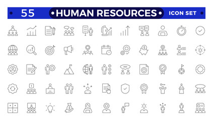 Set of outline icons related to HR, Human Resources, Recruitment, Employment, business, office, company, and management. Linear icon collection.