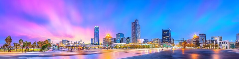 A vibrant cityscape of California at dusk, showcasing the iconic landmark with high-rise buildings . The sky is painted with hues of blue and purple as the sun sets behind them, casting long shadows