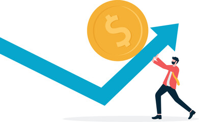 Financial crisis. The economy collapsed. Stock market crash. Financial bankruptcy. Coins fall down on the arrow chart.
