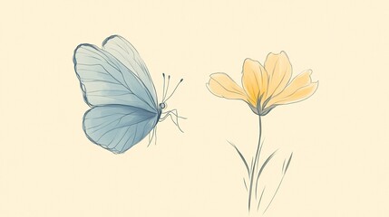 A minimalist depiction of a butterfly, lightly colored in soft blues and yellows, flying near a delicate, lightly outlined flower.,generative ai