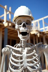 Skeleton Construction Worker with Hard Hat Smiling on Construction Site, Concept Background