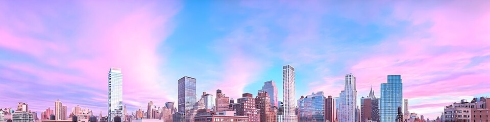 Fototapeta premium A vibrant cityscape of New York at dusk, showcasing the iconic landmark with high-rise buildings . The sky is painted with hues of blue and purple as the sun sets behind them, casting long shadows on