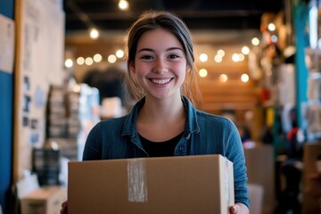Smiling Young Woman Holding Box in Bright Workspace