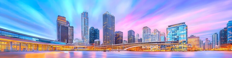 Naklejka premium A vibrant cityscape of New York at dusk, showcasing the iconic landmark with high-rise buildings . The sky is painted with hues of blue and purple as the sun sets behind them, casting long shadows on