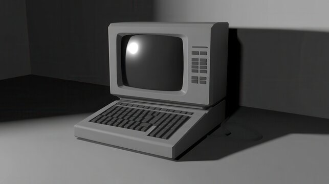 Vintage grayscale computer, retro technology.