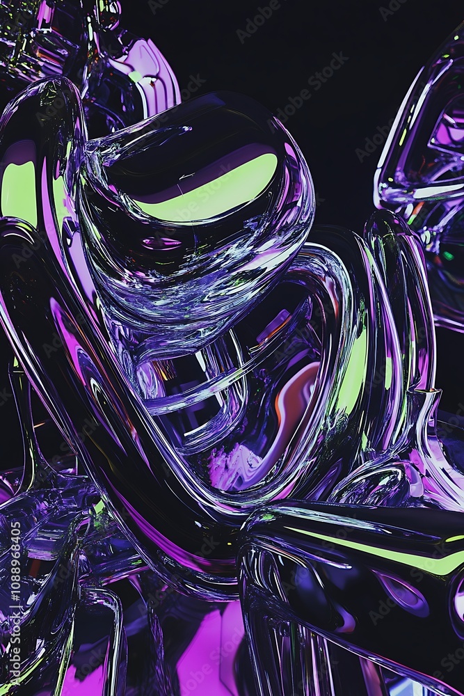 Poster abstract composition of colorful glass forms reflecting light in a dark background, creating an ethe