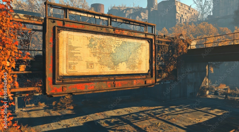 Poster A weathered map display in a post-apocalyptic landscape surrounded by overgrown foliage.