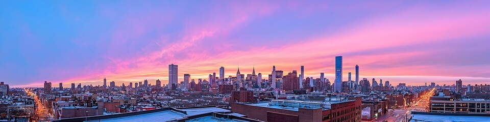 Obraz premium A vibrant cityscape of New York at dusk, showcasing the iconic landmark with high-rise buildings . The sky is painted with hues of blue and purple as the sun sets behind them, casting long shadows on