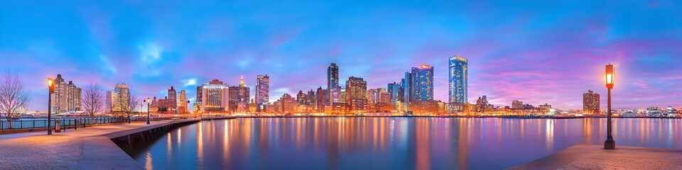 Naklejka premium A vibrant cityscape of New York at dusk, showcasing the iconic landmark with high-rise buildings . The sky is painted with hues of blue and purple as the sun sets behind them, casting long shadows on