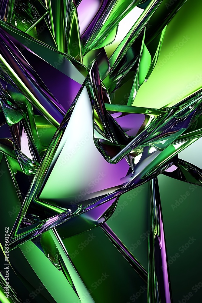 Poster abstract composition of green and purple glass shapes with sharp angles and reflections creating a d