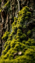 Lush green moss blankets a tree trunk in a forest during the afternoon