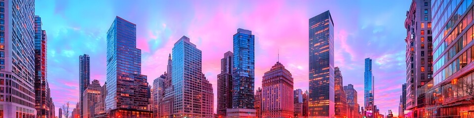 Fototapeta premium A vibrant cityscape of New York at dusk, showcasing the iconic landmark with high-rise buildings . The sky is painted with hues of blue and purple as the sun sets behind them, casting long shadows on