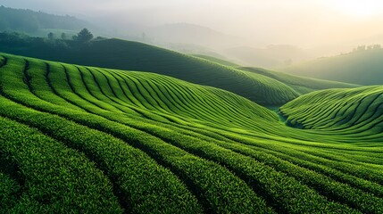 Aerial view of rolling green tea plantation terraces showing gradient shades and undulating patterns, captured in morning light with misty atmospheric conditions.
