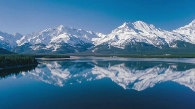 A breathtaking scene of snow-capped mountains reflected perfectly in a tranquil lake, creating a serene and harmonious landscape.