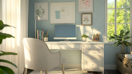 Softly lit home office corner with a pastel blue desk and simple white chair relaxed mood Copy space