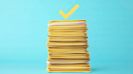 A stack of yellow paperwork with a checkmark above, set against a blue background, symbolizing organization and completion.