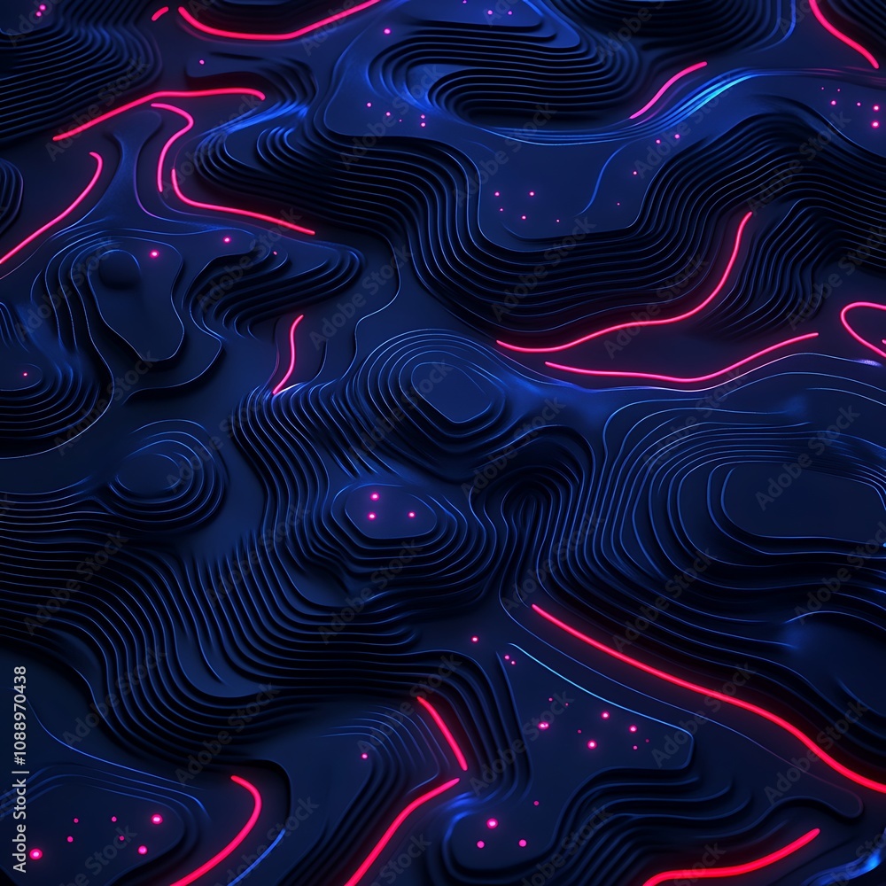 Poster abstract dark background with flowing waves and neon lines creating a sense of depth and movement in