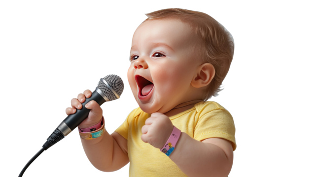 baby wearing a wristband holding a microphone