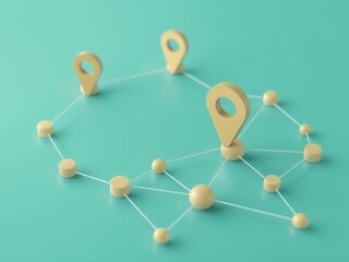 Fototapeta premium 3d render of interconnected wooden nodes with a location marker, illustrating networking and connectivity concept, concept, digital, connection