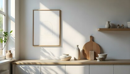 A minimalist kitchen interior with a wooden countertop, white cabinets, and framed artwork on the wall.