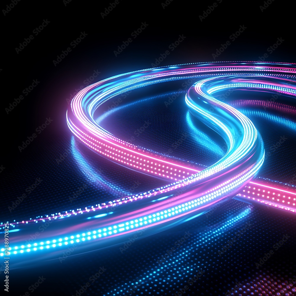 Poster abstract digital art of flowing neon lights creating dynamic patterns in a dark environment highligh