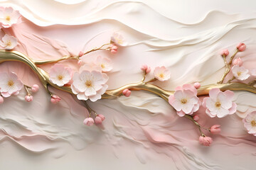 Abstract floral art wallpaper. Beautiful 3d Sakura flowers on white paint texture background. Gold branches, white and pink flowers.
