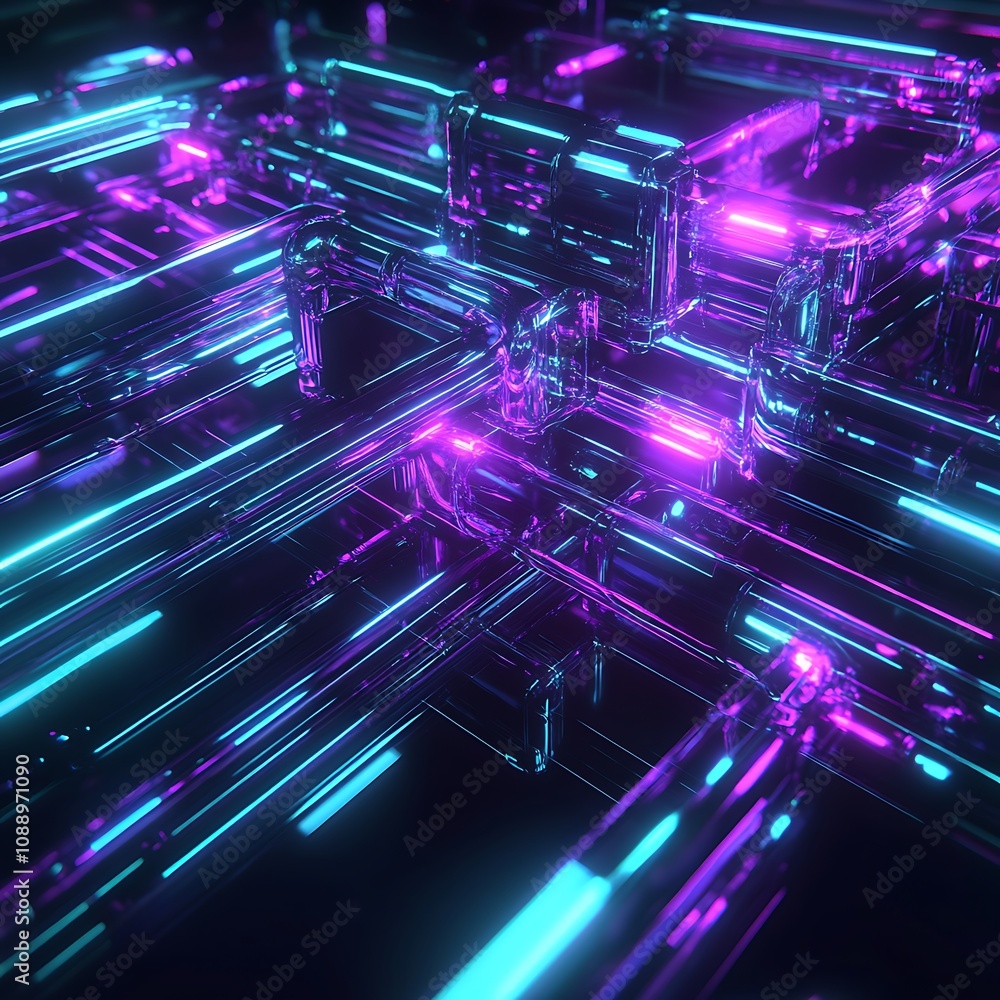Poster abstract digital background featuring neon tubes in vibrant pink and blue colors creating a futurist