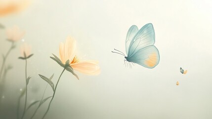 A minimalist depiction of a butterfly, lightly colored in soft blues and yellows, flying near a delicate, lightly outlined flower. The background is a simple, pale gradient,,generative ai