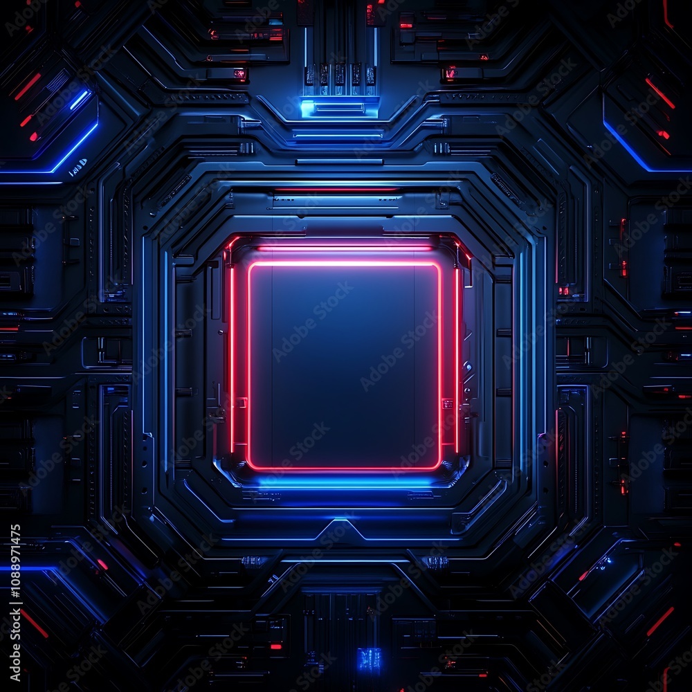 Poster abstract digital background with neon lights and circuit patterns, featuring a central square in a d