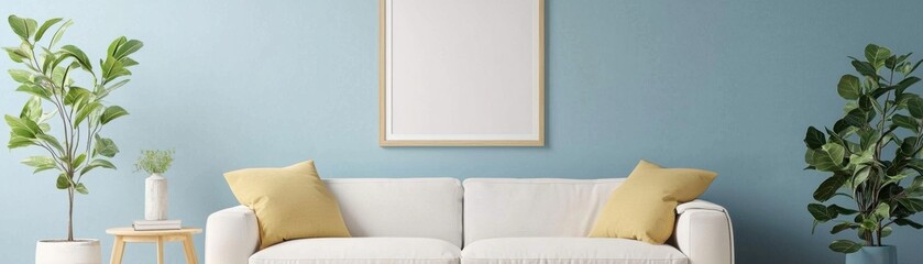 A cozy living room featuring a white sofa with yellow cushions, set against a soft blue wall and adorned with green plants, creating a fresh and inviting atmosphere.