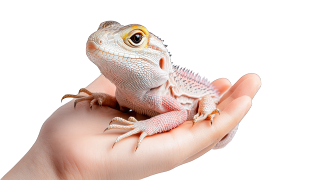 A person holding a lizard in their palm, showcasing a pet. Transparent background.