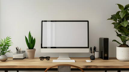 a minimalist, comfortable home office features a computer on a wooden table in the living room with a white accent, png