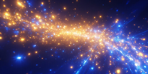 Obraz premium An explosion of colorful light particles in blue and gold hues, creating a dynamic and energetic visual suitable for celebratory themes.